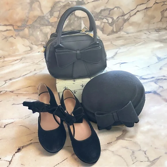 WORN ONCE - Women’s Leather Satchel & Velveteen Mary Jane Heels - Big Bows - Picture 1 of 10